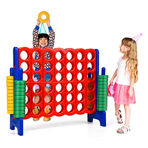 COSTWAY Jumbo 4-to-Score Giant Game Set, 4 in A Row for Kids and Adults, 3.5FT Tall Indoor & Outdoor Game Set with 42 Jumbo Rings & Quick-Release Slider, Perfect for Holiday Party & Family Game - color: Blue