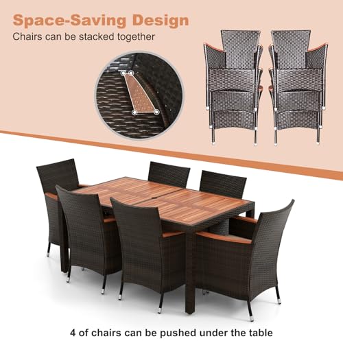 HAPPYGRILL 7 Pieces Rattan Wicker Patio Dining Set, Outdoor Dining Set with Cushions, Large Dining Table with Acacia Wood Top, Outside Dining Furniture Set with Umbrella Hole - color: Mix Brown & Beige