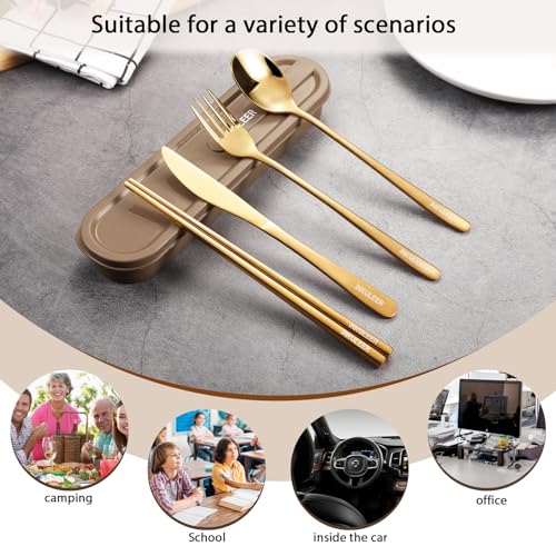 Travel cutlery set, 18/8 stainless steel cutlery, Reusable utensils set with case, Portable Silverware Lunch Box for Camping and Office (Rose Gold/knife set) - color: Rose Gold