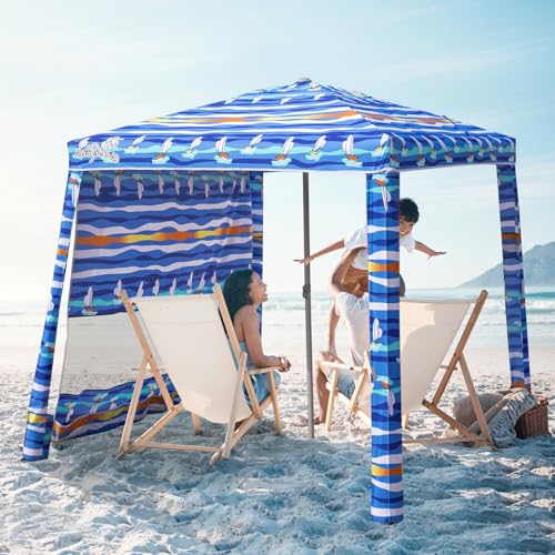 Jihfmo Beach Cabana, 6.2'×6.2' Beach Canopy with Side Wall, UPF 50+ UV Protection Easy Setup Tent Sun Shelter with Sand Pockets for Whole Family(Summer Sailboat) - color: Summer Sailboat