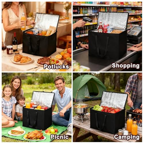 JNYONG 2 Pack Insulated Reusable Grocery Shopping Bags with zippered top,Food Delivery Bag,Collapsible Cooler Bag for Frozen Foods - size: 2 Pack