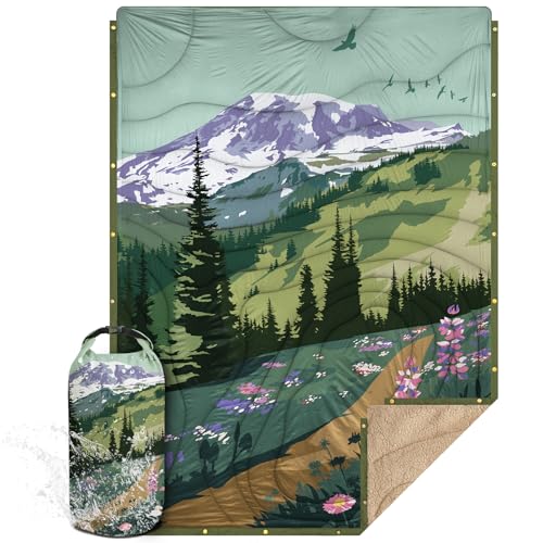 Outdoor Camping Blanket with Sherpa Lining, Extra Warm Thick Camp Blankets and Puffy Ultralight Soft Poncho DWR Camping Quilt for Cold Weather, Adventure, Sleeping, Backpacking 78"x 56" - color: Aden Green, size: 78 x 56 inches