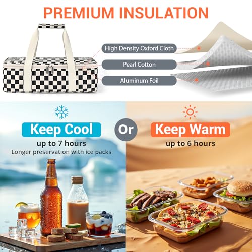 Insulated Casserole Carrier for Hot or Cold Food,Pie Carrier Bag Lunch Bag Tote for Potluck Parties/Picnic/Cookouts, Fits 9"x13" Baking Dish,Single Corduroy Black Checkered Pattern - color: Corduroy black checkered pattern, size: Single Layer