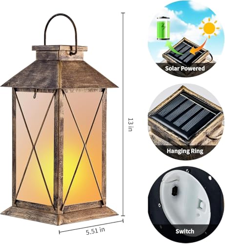 2 Pack Solar Lantern with Flickering Flame Candle, 13" Outdoor Waterproof Solar Lanterns Garden Decorative, Glass Hanging Lantern Metal for Outdoor Patio Yard Tabletop Decoration Mothers Day Gifts Mom - style: Bronze-Cross02