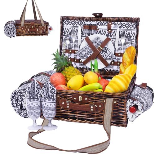 Neti Neti Wicker Picnic Basket for 2 Boho with Insulated Cooler & Waterproof Blanket – Large Willow Picnic Hamper for Outdoor, Camping, Beach, Romantic Dates, Valentine’s Day - color: Boho 4