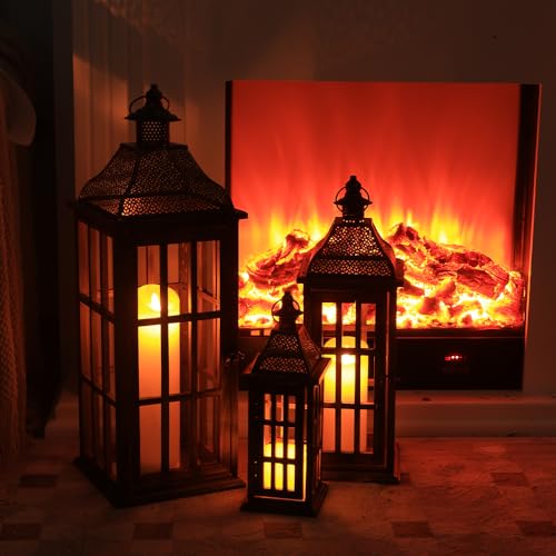 Large Farmhouse Wooden Metal Lantern Set of 3, 27''/22''/15'' H Rustic Decorative Indoor & Outdoor Hanging Candle Lanterns, Wooden Outdoor Lanterns for Patio Front Porch Table, Brown - color: Rustic Brown, size: 3 Pcs-27''/22''/15'' H