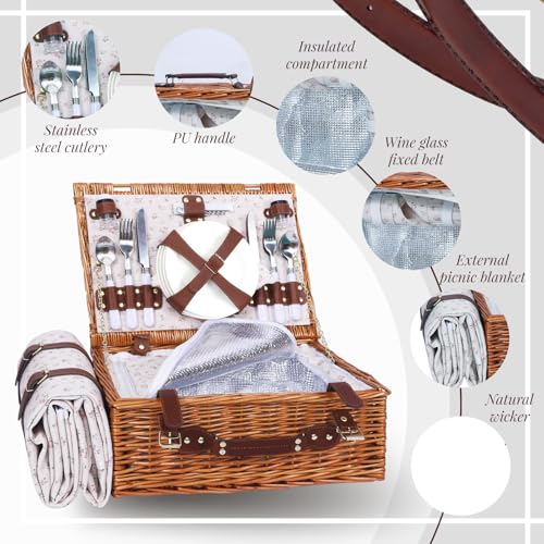 Picnic Baskets Wicker Willow Picnic Set for 4 Persons with Insulated Cooler Bag and White Floral Waterproof Picnic Blanket Gift for Christmas Thanksgiving Wedding Birthday Camp Outdoor Beach Travel - color: Classic Flower