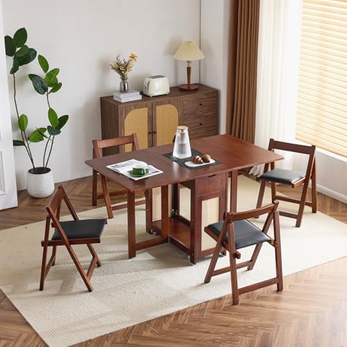 VINGLI 5-Piece Folding Dining Table Set, Extendable Drop Leaf Solid Wood Table with 4 Chairs, Drawers & Wheels, Space-Saving Design for Kitchen, Walnut - color: Walnut