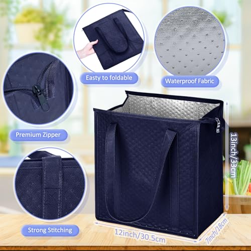 10 Pack Large Insulated Grocery Bags Reusable Shopping Bags with Zippered Top 13 x 12 x 7 Inch Thermal Cooler Totes Bulk with Handles for Hot Cold Food Delivery Refrigerator (Navy Blue) - color: Navy Blue