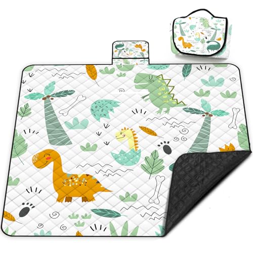 Extra Large Picnic Blanket Waterproof,80"x 80"Foldable Machine Washable Beach Blanket,Outdoor Blanket for 6-8 Adults,Suitable for Indoor Crawling,Park Beach,Camping,Hiking,Family Travel(Dinosaur) - color: White Dinosaur, size: 6'8" x 6'8" (Square)