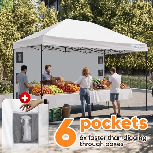 Quictent 10x15 Heavy Duty Pop up Canopy Tent with 3 Removable Sidewalls, Commercial Grade Instant Shelter with Wheeled Bag for Outdoor, Parties, Markets, 600D PU Coated UPF 50+ Sun Shield - color: White, size: 10x15