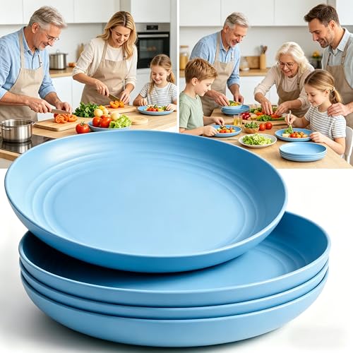 Wheat Straw Plates 4 Pack, BPA-Free Dinner Plates Set, Lightweight Reusable Plastic Plates, Microwave & Dishwasher Safe Salad Plates for Camping Kitchen, Blue - color: Light Blue