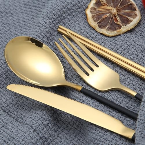 4 Pieces Utensils Set with Case, Portable Reusable Stainless Steel Cutlery Set, Chopsticks Knife Fork and Spoon Lunch Utensils Set for Travel