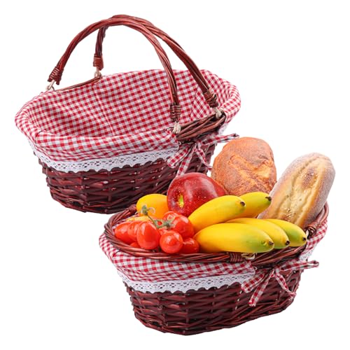2 Pack 12.6 Inch Brown Wicker Basket with Checkered Lining, Oval Wicker Woven Basket with Handle, Willow Woven Picnic Baskets for Picnic, Camping, Party(Small) - size: 2 Pack 12.6in Brown