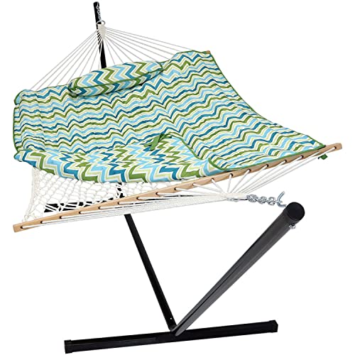 Sunnydaze Rope Hammock with Stand for Outside - Heavy Duty Freestanding Portable Outdoor Hammock Set with Quilted Pad, Pillow, and 12-Foot Steel Frame - 275 lb Capacity - Blue & Green Chevron - color: Blue & Green Chevron