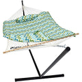 Sunnydaze Rope Hammock with Stand for Outside - Heavy Duty Freestanding Portable Outdoor Hammock Set with Quilted Pad, Pillow, and 12-Foot Steel Frame - 275 lb Capacity - Blue & Green Chevron - color: Blue & Green Chevron