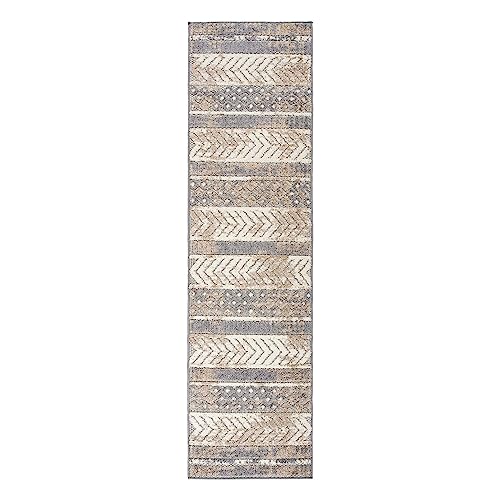 Rugshop Distressed Geometric Indoor/Outdoor Beige Runner Rug Modern Tribal Stripe, Durable Stain Resistant Low Profile Perfect for Patio, Backyard, Deck and Outdoor Lounge 2' x 7' - size: 2' x 7' (Rectangular)