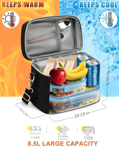 Capolo Lunch Box for Women Men Adults,Insulated Lunch Bag Leakproof Lunch Cooler Box with Removable Strap Cute Lunch Tote Bags Reusable Thermal Lunchbox for School Work Picnic(Small,Black) - color: Black, size: Small