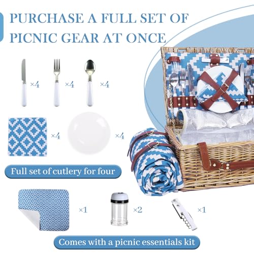 Neti Neti Wicker Picnic Basket for 4 with Insulated Cooler & Waterproof Blanket – Large Willow Picnic Hamper for Outdoor, Camping, Beach, Romantic Dates, Valentine’s Day - color: Blue Rhombus