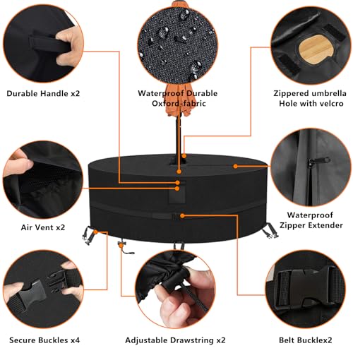 Kovshuiwe Round Patio Table Cover with Umbrella Hole - 50" Dia x 23.6" H Heavy Duty Waterproof 600D Oxford Fabric Outdoor Lawn Patio Furniture Covers (Cover Size，NOT Table Size) - color: Black, size: 50"dia X 23.6"h