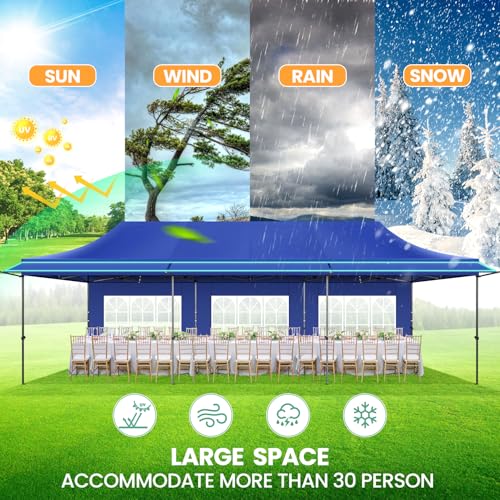 COBIZI 10x30 Pop Up Canopy Tent with Awning & Sidewalls, Heavy Duty Commercial 10X30 Canopy Tents Instant Waterproof, UPF 50+ Sun Shade for Outdoor, Parties, Markets (Deep Blue) - color: Deep blue, size: 10x30FT with 5 Sidewalls & 3 Awning Cloth