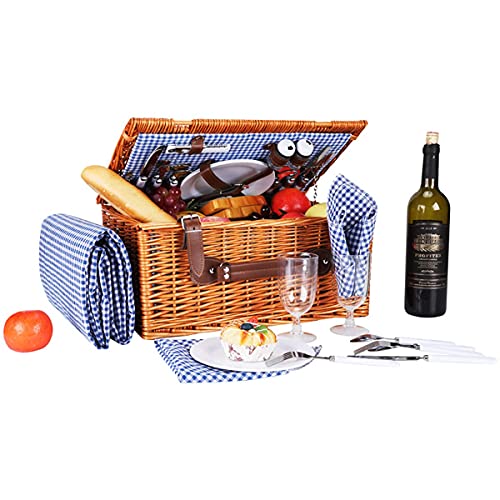 4 Person Wicker Picnic Basket Set, Large Willow Basket with Large Insulated Thermal Compartment, Free Waterproof Blanket & Cutlery Kit