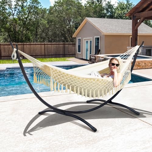 SUNCREAT Portable Outdoor Hammock with Stand Included, Double Hammock with Tassel for Outside, Beige - color: Tassel-beige