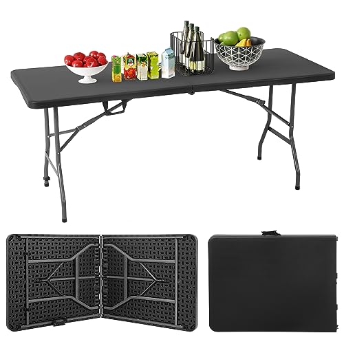 PayLessHere | 6FT Folding Table | Black | Portable Plastic Table with Carry Handle | Waterproof & Foldable Table Design | Steel Frame with Lock | for Events, Camping, Indoor & Outdoor Use - color: Black, size: 6 FT