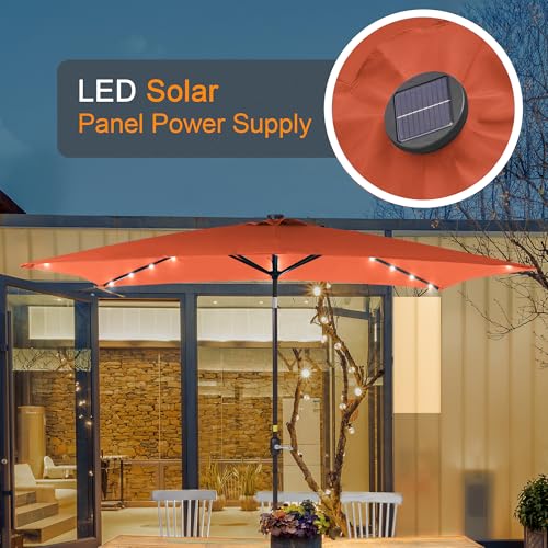 Rectangle Patio Umbrella with Solar Lights, 10 x 6.5ft Rectangular Outdoor Umbrella Table Market Patio Umbrella with Push Button Tilt and Crank for Garden, Deck, Backyard, Pool - color: Orange