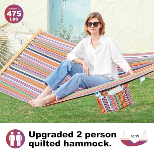 GAFETE Hammock 2 Person Quilted Fabric Hammocks for Outside, Double 12ft Hammocks with Spreader Bar, Large Removable Pillow, Storage Bag, Carabiners, Max 475 lbs Capacity (Sunset Red Stripe) - color: Sunset Red Stripe