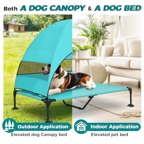 Windproof Elevated Dog Bed with Canopy & Stakes, 3-Sided 90% UV Block, Chew-Proof Teslin Mesh Mat for Large Dogs up to 150lbs(Blue X-Large) - color: Blue, size: X-Large