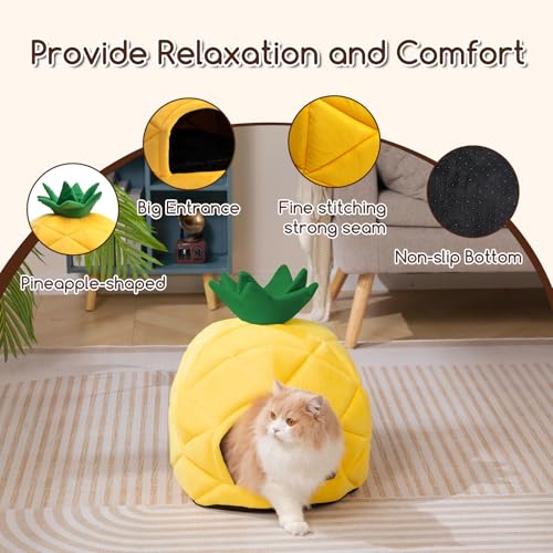 Hollypet Cat Bed Self-Warming Kitty Cave Hut House Nest Pet Sleeping Bed for Indoor Cats, Yellow, Pineapple Cave - color: Pineapple Cave