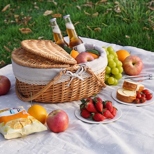 Happypicnic Wicker Picnic Basket with Handle, 15" Large Empty Picnic Basket with Lid & Removable Liner, Vintage Hand Woven Basket for Picnics, Camping, Veg Picking, Mother's Day, Thanksgiving (Solid) - color: Solid, size: Large