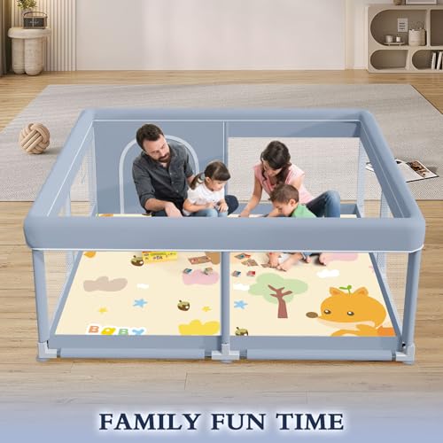 XVISHX 50 x 50 Inch Baby Playpen with Mat, Playpen for Babies and Toddlers, Baby Playard for Indoor & Outdoor Active Center Game Fence, with Skin-Friendly Fabric and Soft Breathable Mesh, Grey - size: 50 × 50 Inch+MAT