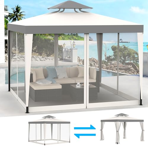Gazebo, 10'x10' Patio Gazebo Outdoor Waterproof Canopy Tent UV-Resistant 2-Tier Top Sturdy Canopy Shelter Tent for Camping with Removable Netting for Garden Patio Backyard (Grey & White, 10' x 10') - color: Grey & White