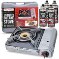12,000 BTU Portable Butane Camping Stove with 4 x 8oz. Butane Fuel Canister Combo, Double Wind-Guard Portable Stove w/Carry Case for Road Trips, Camping, Tailgating & Emergencies by Chef Master 90235 - size: Stove with Fuel