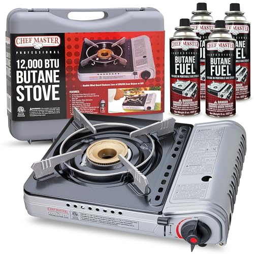 12,000 BTU Portable Butane Camping Stove with 4 x 8oz. Butane Fuel Canister Combo, Double Wind-Guard Portable Stove w/Carry Case for Road Trips, Camping, Tailgating & Emergencies by Chef Master 90235 - size: Stove with Fuel