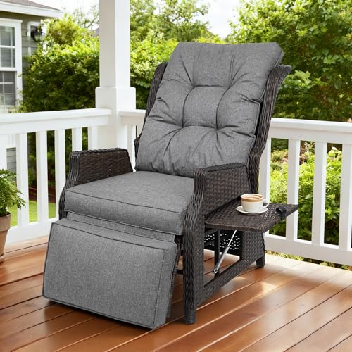 Outdoor Indoor Wicker Recliner with Adjustable Back and Footrest, Patio Reclining Chair with Flip-up Table, Outdoor Rattan Lounge Chair, Grey - color: Grey, size: 1PCS