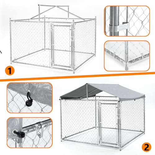 Outdoor Dog Kennel for Large Dogs 6.5x6.5x5.5FT Heavy Duty Welded Wire Steel Dog Playpen Fence Pet Pen with UV-Resistant Waterproof Roof Cover for Outside Steel Fence with Secure Lock