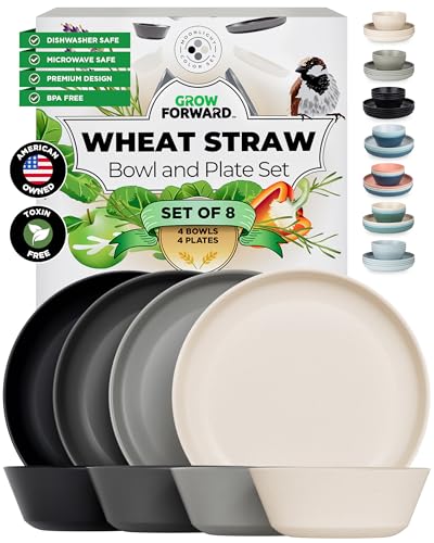 Grow Forward Premium Wheat Straw Plates and Bowls Sets - 8-Piece Wheat Straw Dinnerware Sets - Unbreakable & Reusable Microwave Safe Plastic Dinner Plates for Outdoors, RV, Camping Dishes - Moonlight - color: Moonlight