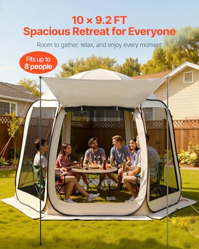 Pop Up Screen House Tent VEVOR 10 x 9.2 FT Pop-Up Screen Room with Awning, Portable Screen Tent Gazebo for 4–8 Person, Instant Screen Canopy with Carry Bag for Patio Backyard Camping - color: Beige 1, size: 10x9.2x7.55 FT