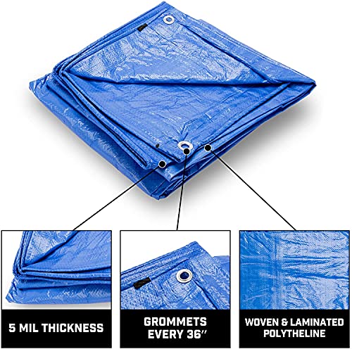 Grizzly Tarps by B-Air 12' x 16' Large Multi-Purpose Waterproof Heavy Duty Poly Tarp with Grommets Every 36", 8x8 Weave, 5 Mil Thick, for Home, Boats, Cars, Camping, Protective Cover, Blue - size: 12x16