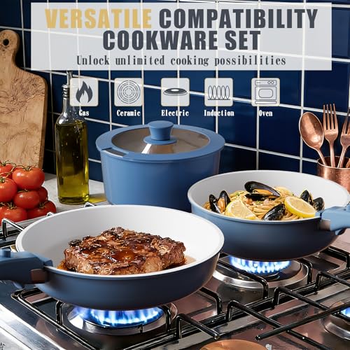 Umite Chef Pots and Pans Set Non Stick, 21 pcs Ceramic Cookware Set with Detachable Handles, Healthy Induction Cookware Oven Safe RV Kitchen Cooking Set with Utensils, PFAS PFOA & PTFE Free, Navy - color: Navy
