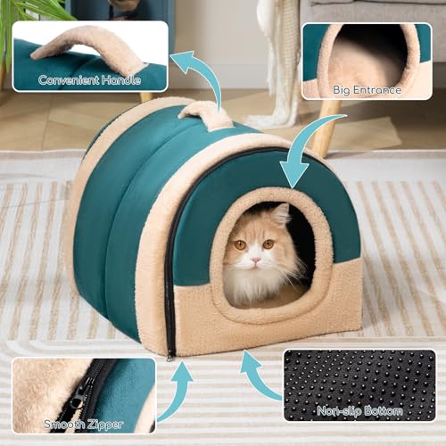 Hollypet Cat Bed Self-Warming 2 in 1 Foldable Kitty Cave Hut House Nest Pet Sleeping Bed, Crystal Velvet Pet Condo for Indoor Cats, Green Arched Cave - color: Green Arched Cave