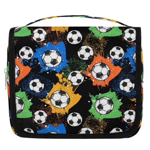Colorful Splashes Soccer Ball Kids Toiletry Bag for Boys, Waterproof Travel Shaving Organizer with Hanging Hook, Portable Dopp Kit Cosmetic Bag for School Sports Camping Trips - color: Colorful Splashes Soccer Ball