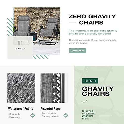 GUNJI Zero Gravity Chair Outdoor Lawn Folding Lounge Chairs Adjustable Reclining Patio Chairs Set of 2 with Cup Holder Lounge Gravity Chairs for Poolside, Backyard, Beach and Camping (Gray) - color: Grey