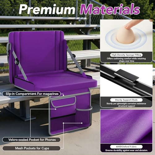 Stadium Seats with Back Support 1PACK Adjustable Bleacher Chairs with Back and Cushion Bleacher Seat with Cup Holder, Carry Handle & Shoulder Strap for Outdoor Sports Events, Picnics - color: Purple-1pc-large