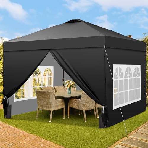 GDY 10x10 Pop Up Canopy Tent with 4 Sidewalls, Easy Set up with One Push Lift Outdoor Silver Coated Beach Gazebos, Carpas with 4 Sandbags, for Events, Parties,Camping, Black. - color: Black, size: 10x10 with 4 Sidewall