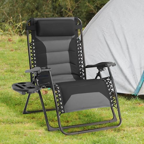 Zero Gravity Chair Oversized Padded Recliner with Adjustable Headrest & Cup Holder - XL 600D Oxford Folding Lounge Chair for Outdoor Camping, Patio, Poolside (Upgraded Black & Gray) - color: Upgraded Black & Gray, size: 1 PCS