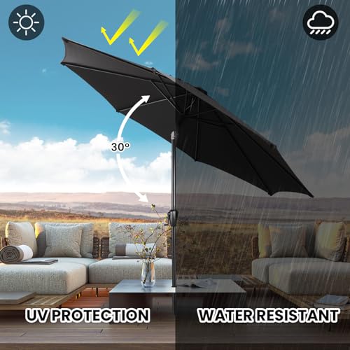 Sun-Ray 9' Round Patio Umbrella with Push-Button Tilt and Hand Crank Lift System, Market Umbrella for Porch, Deck, and Patio - color: Black